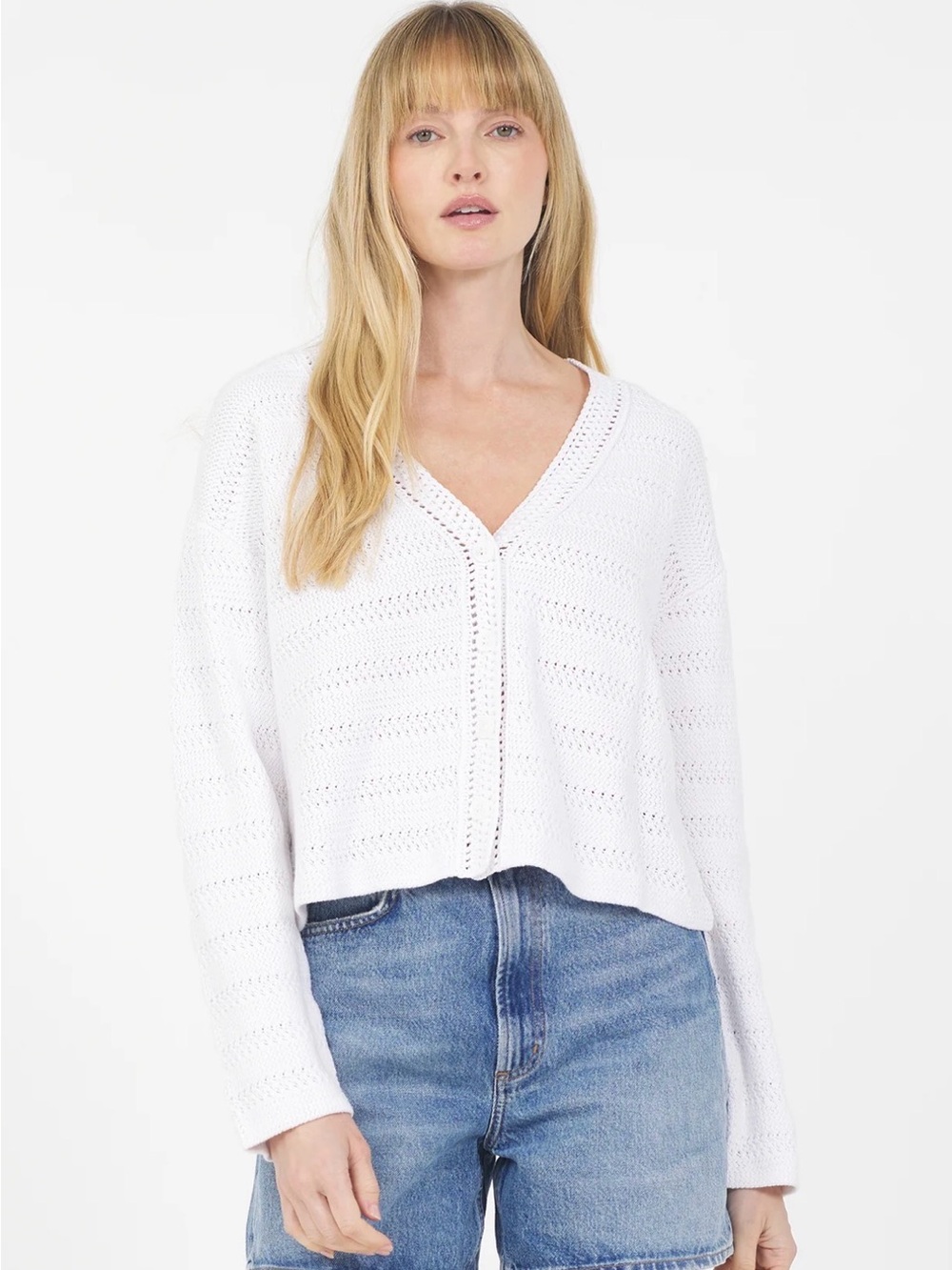 One Grey Day White Open-Knit cropped Cotton Cardigan M